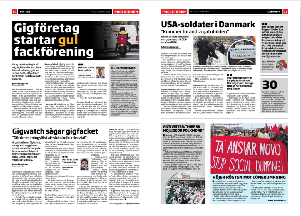 Ett uppslag från Proletären nummer 10, 2025
